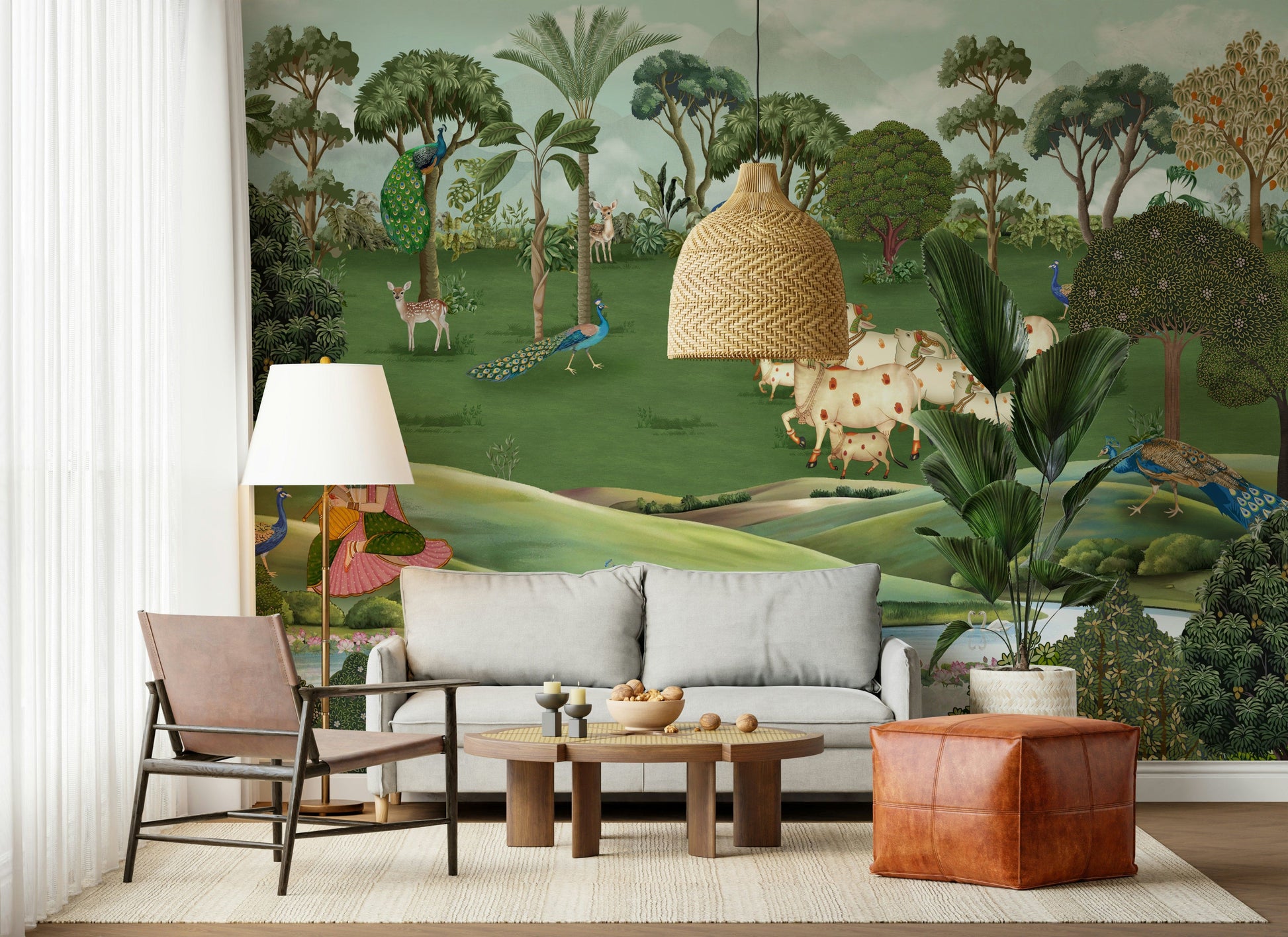 Pichwai Pastures wall mural for dining area with cultural Indian art detailing