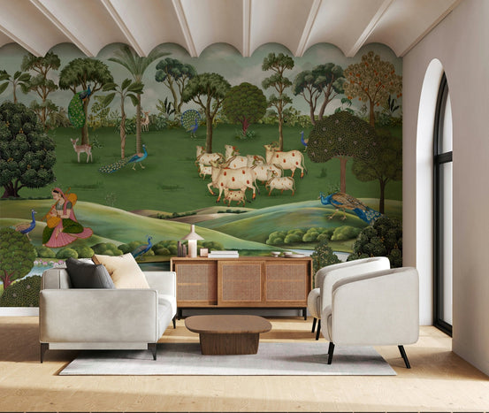 Pichwai Pastures Wall Mural in living room with detailed pastoral artwork and soft earthy color tones