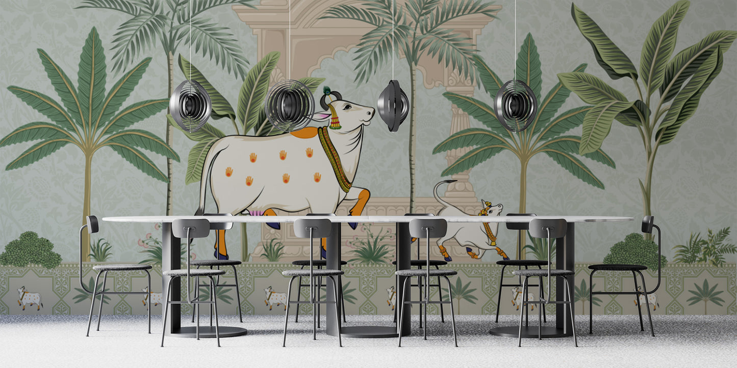 Pichwai Sacred Cow night mural wallpaper

