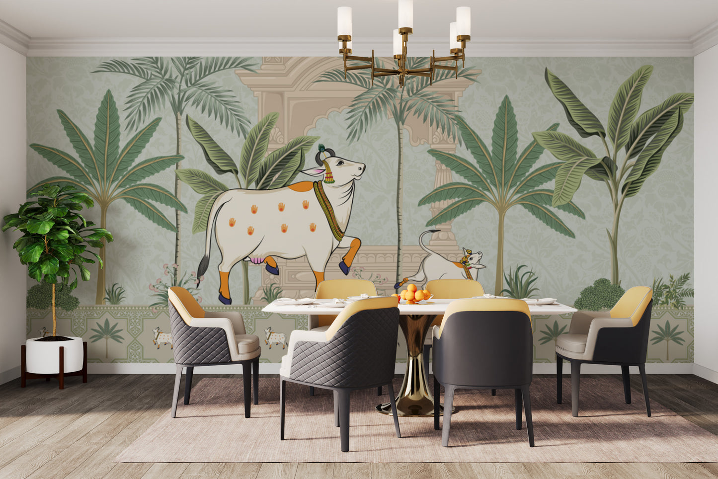 Cultural sacred cow wallpaper inspired by Pichwai painting
