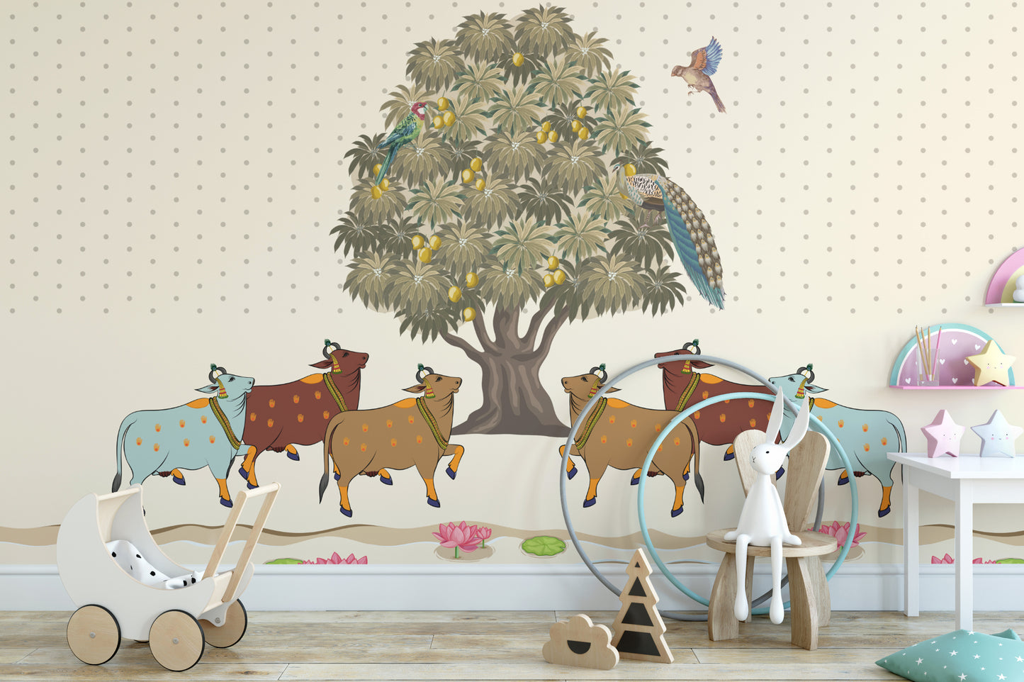 Spiritual mango tree mural with sacred cows and peacocks
