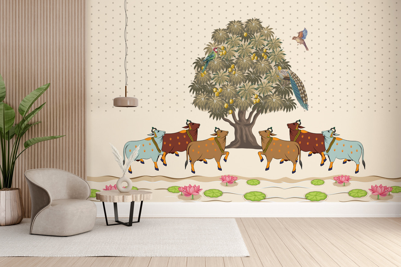 Pichwai sacred cows mango tree mural with Indian heritage
