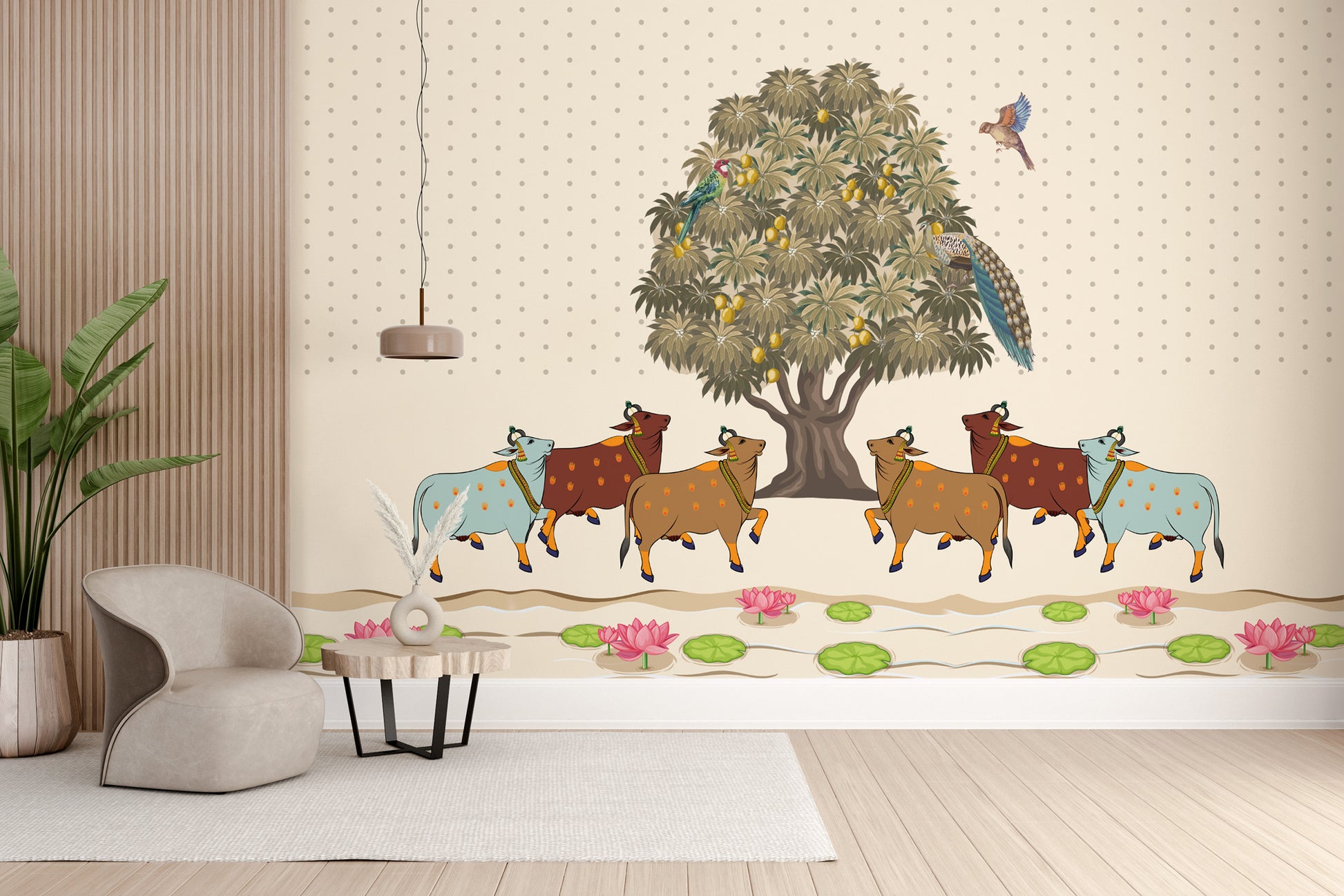 Pichwai sacred cows mango tree mural with Indian heritage
