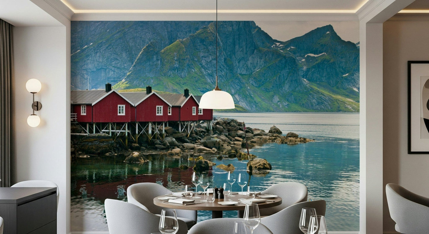 Arctic coast wall mural with wooden cabins