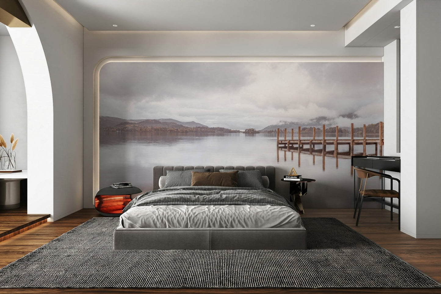 Peaceful pier wall art depicting serene waters and mountains.

