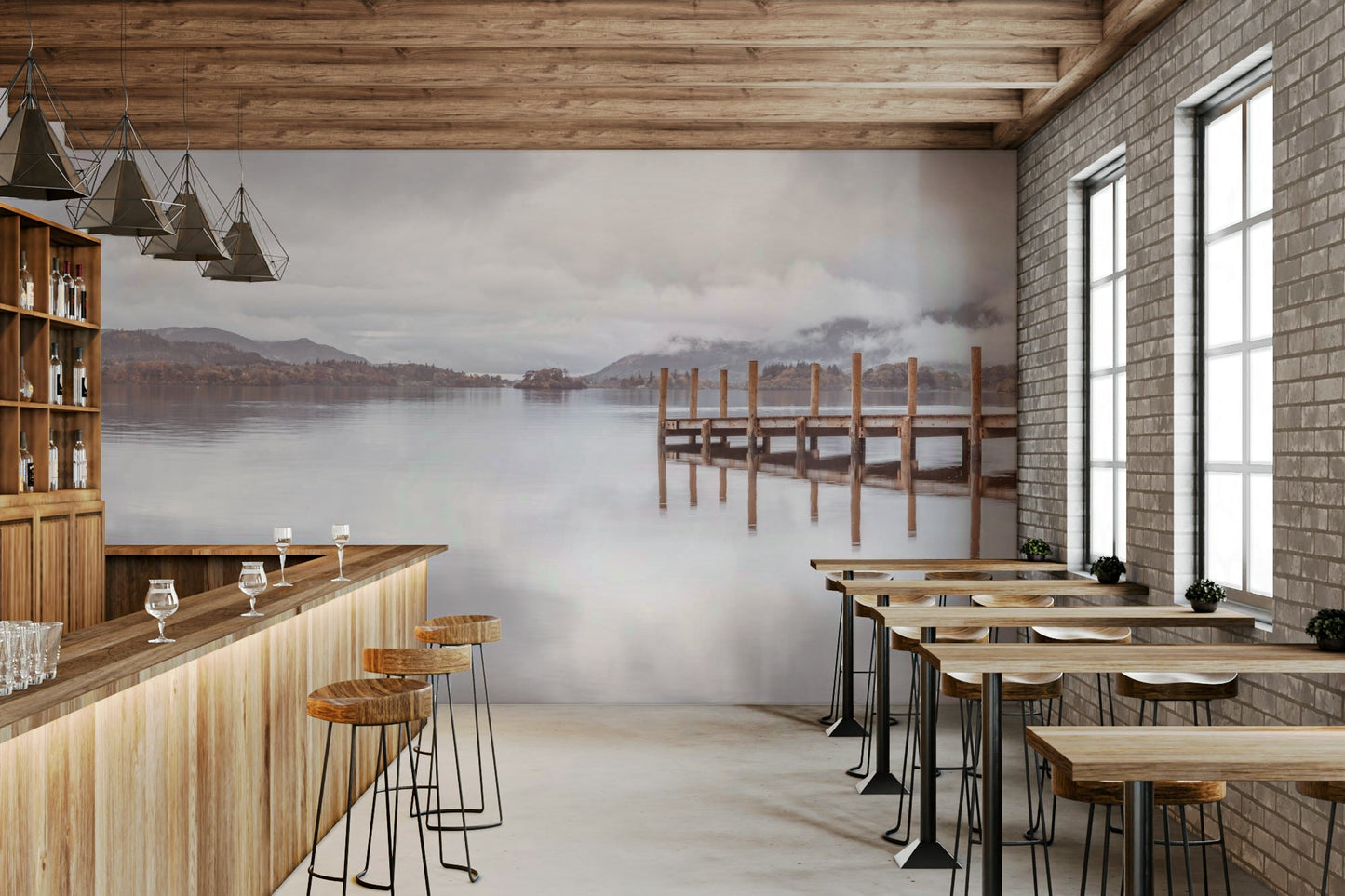 Serene lakeside pier mural adding calmness to any room.

