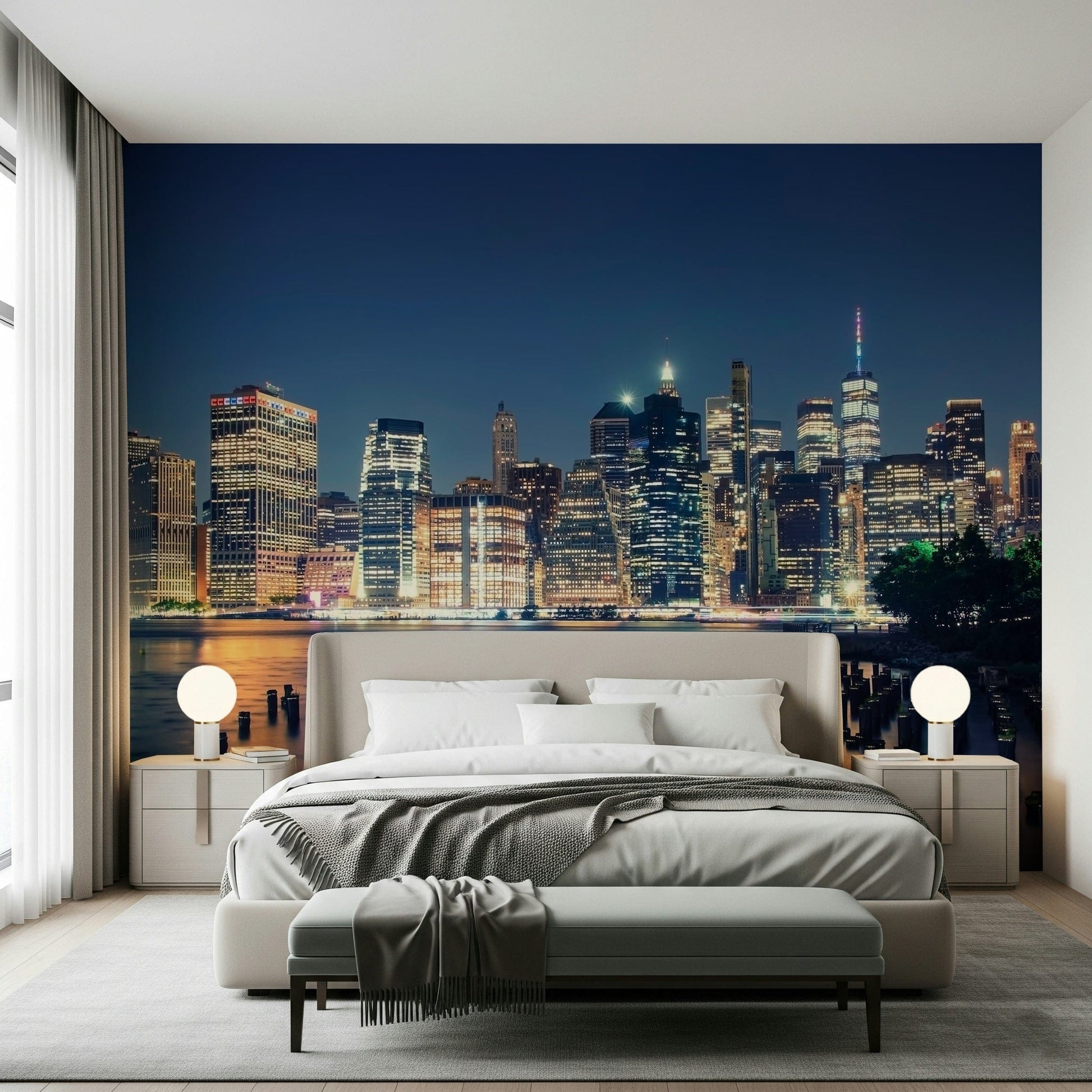 Ocean pier wallpaper in bedroom, soft horizon tones above white headboard