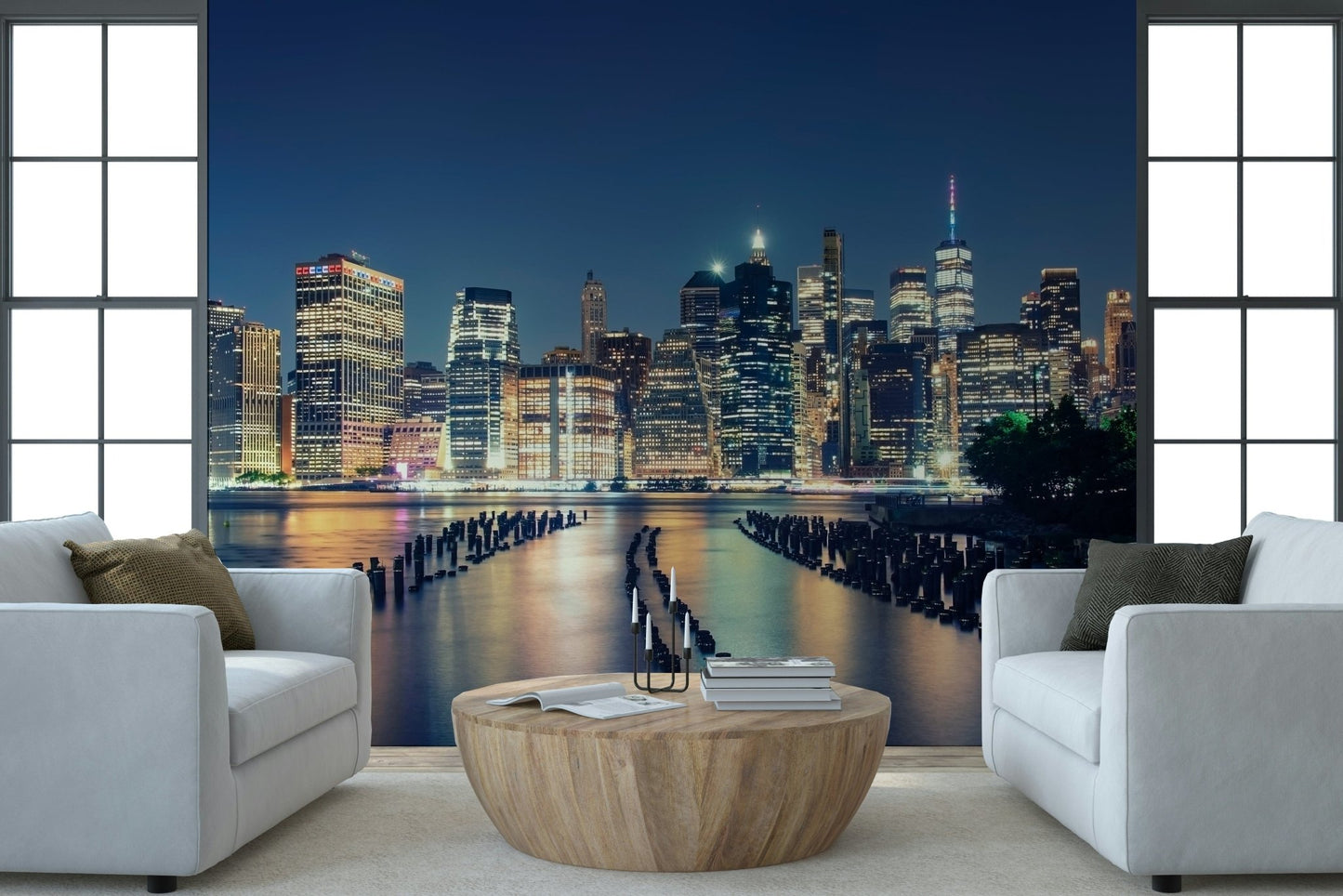 Pier One Wall Mural in modern living room, wooden pier over calm ocean feature wall