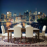 Pier One wallpaper behind gray sectional, calm ocean view for apartment living room