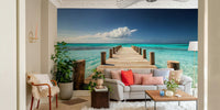 A wall mural of a peaceful seaside pier.

