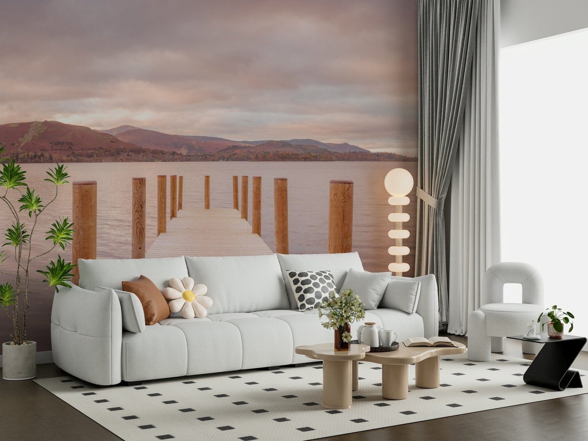 Piering into Nature's Heart wallpaper mural of a sunset lake jetty behind a white puffy sofa with a daisy cushion