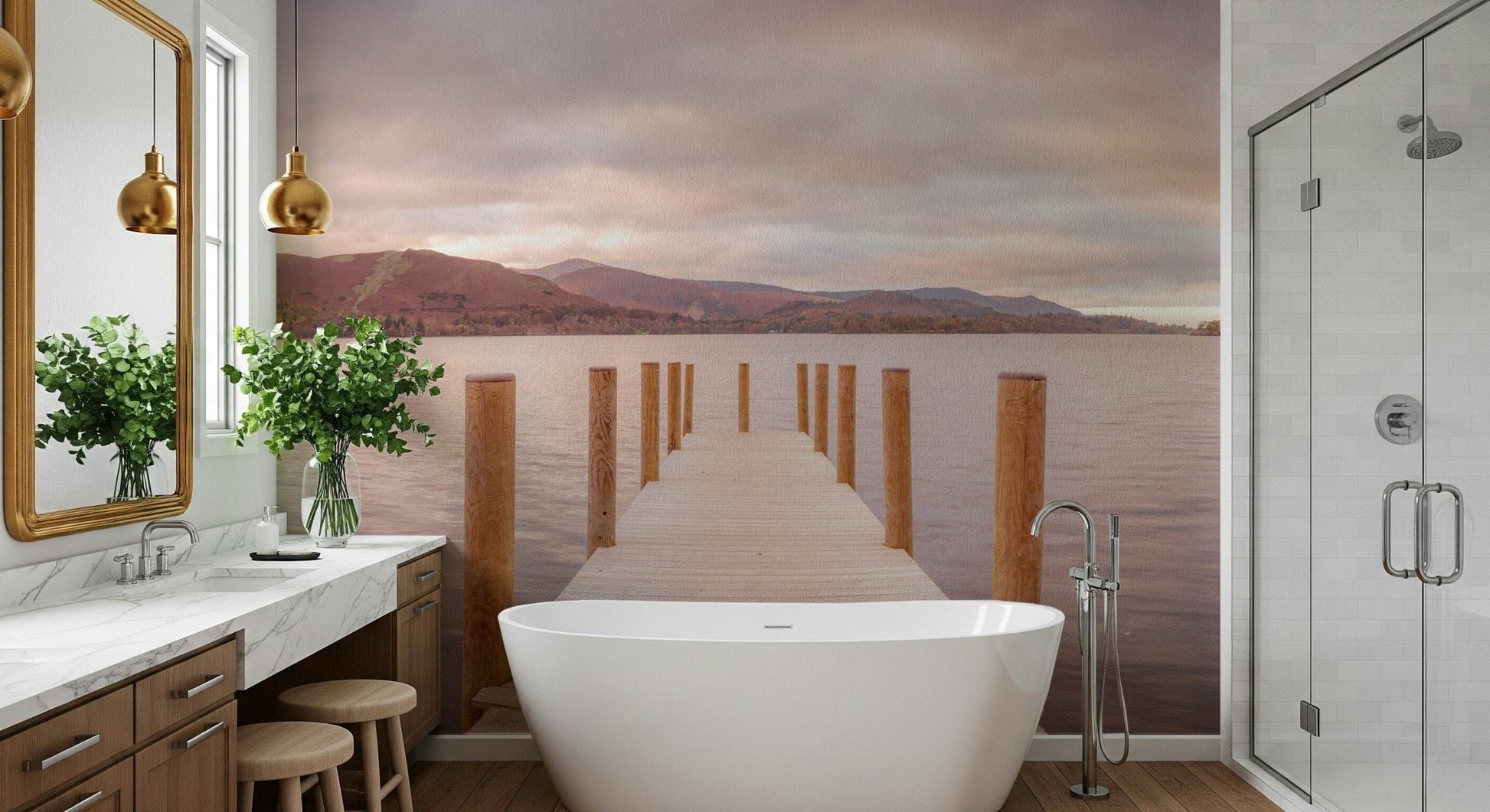 Piering into Nature's Heart wallpaper mural of a mountain lake pier behind a freestanding tub in a marble bathroom