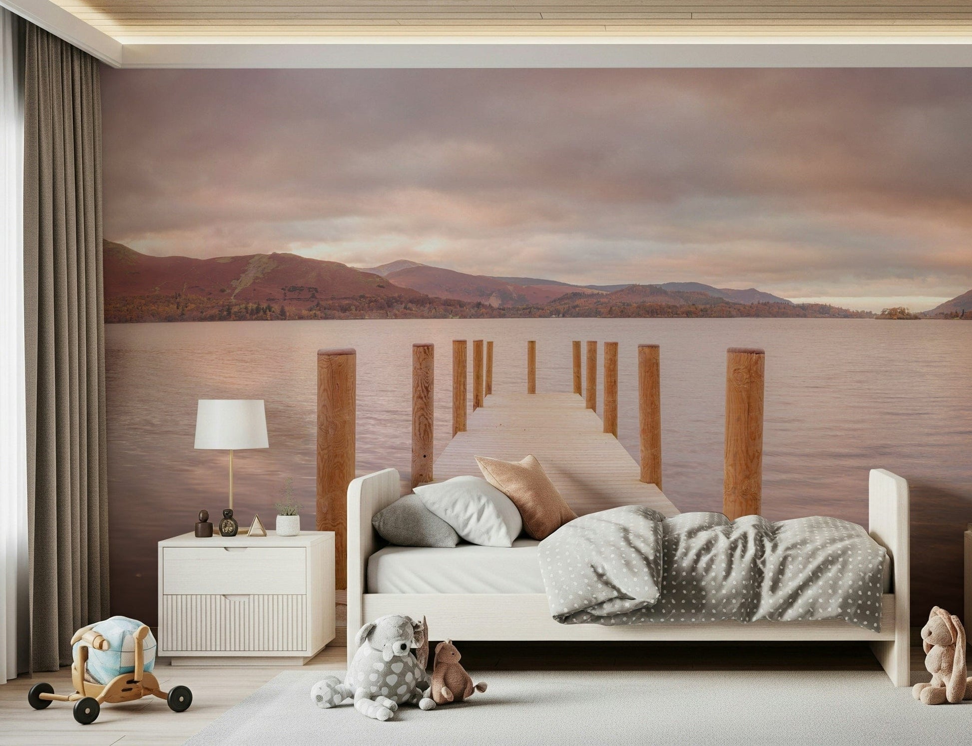 Piering into Nature's Heart wallpaper mural of a lake jetty at dusk behind a white single bed in a child's room