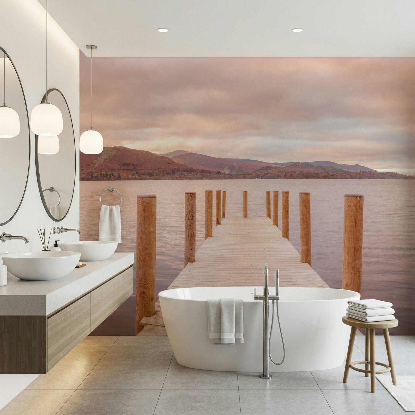 Piering into Nature's Heart wallpaper mural of a pink sunset lake pier behind a white tub and twin sinks in a bathroom