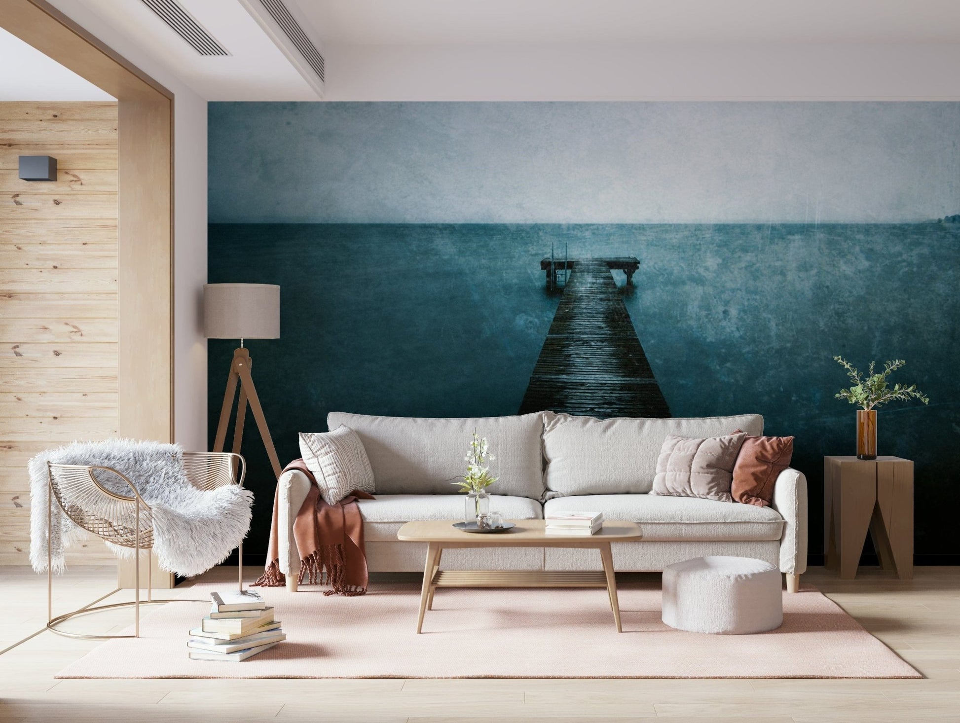 Pier stretching into ocean mural for hallway, blue-gray color scheme, modern wall decor