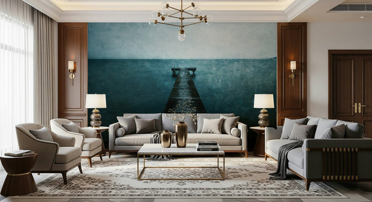 Ocean view pier mural for bedroom feature wall, minimal decor, cool-toned palette