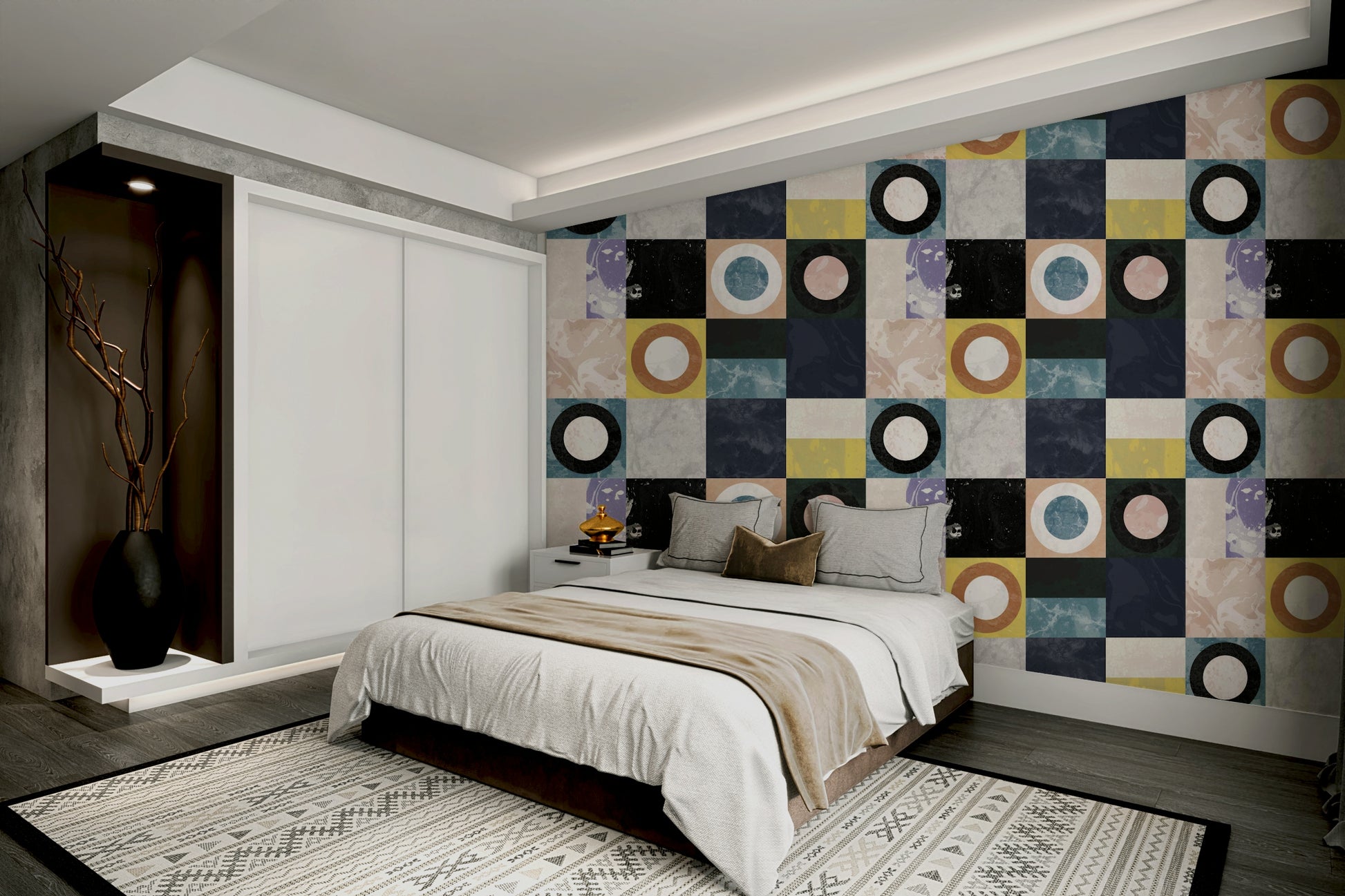 Elegant faux-stone wallpaper in earthy palette

