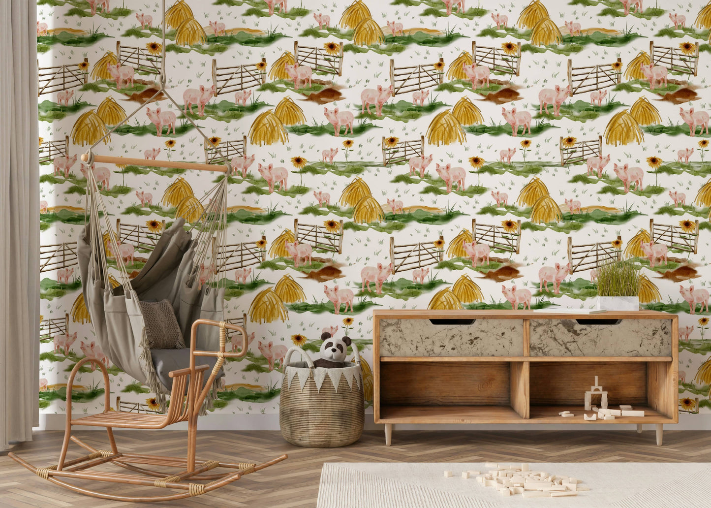 Whimsical Piggy Farm Watercolor backdrop showing friendly pigs.