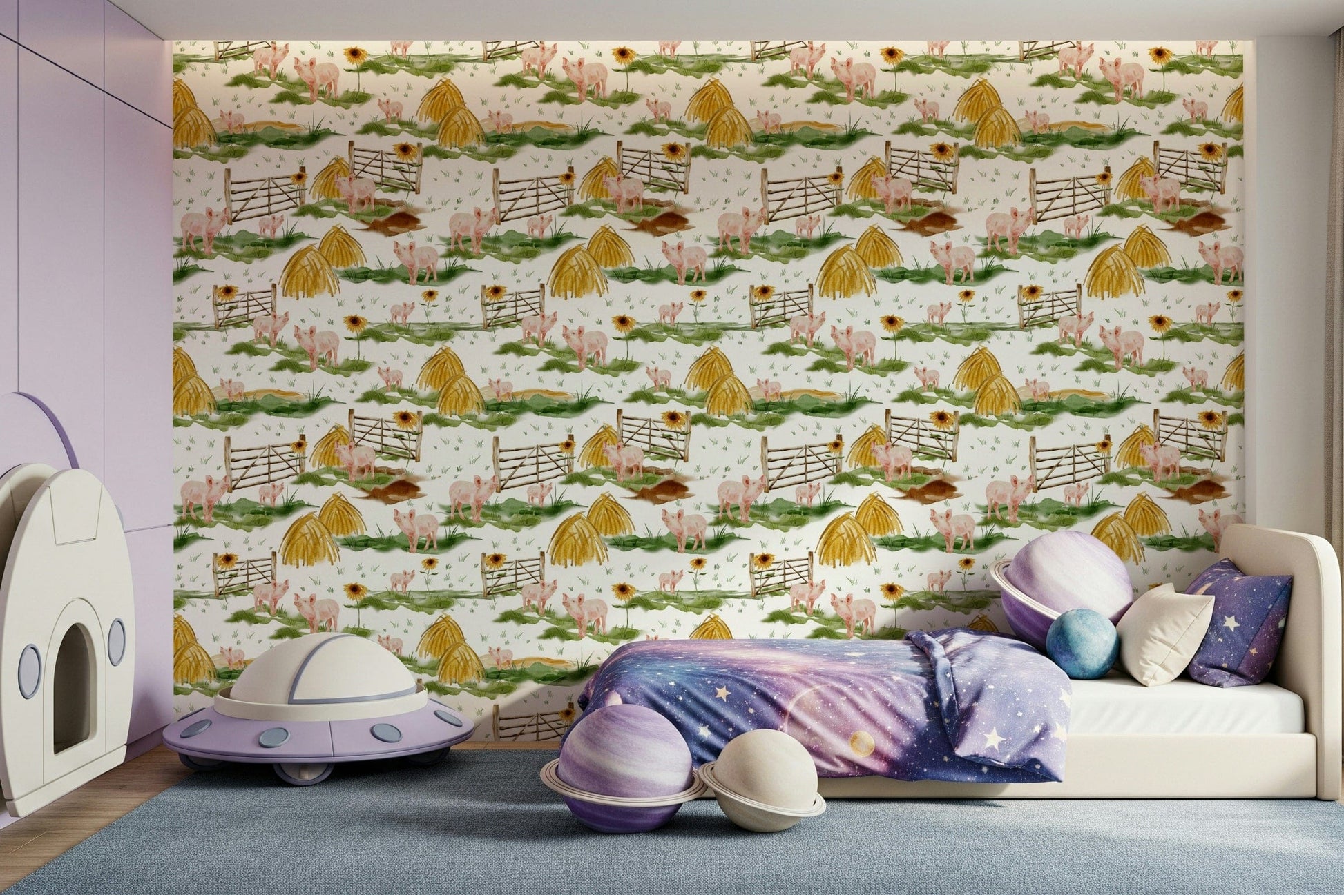 Rustic Piggy Farm Watercolor wallcovering featuring small piggies.