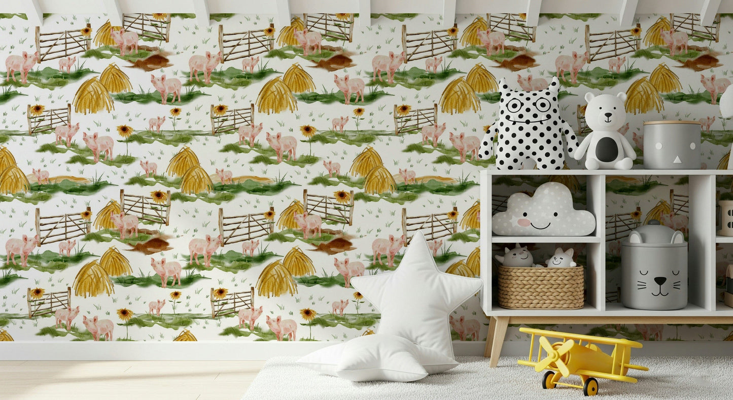 Hand-painted look Piggy Farm Watercolor mural happy barnyard scene.