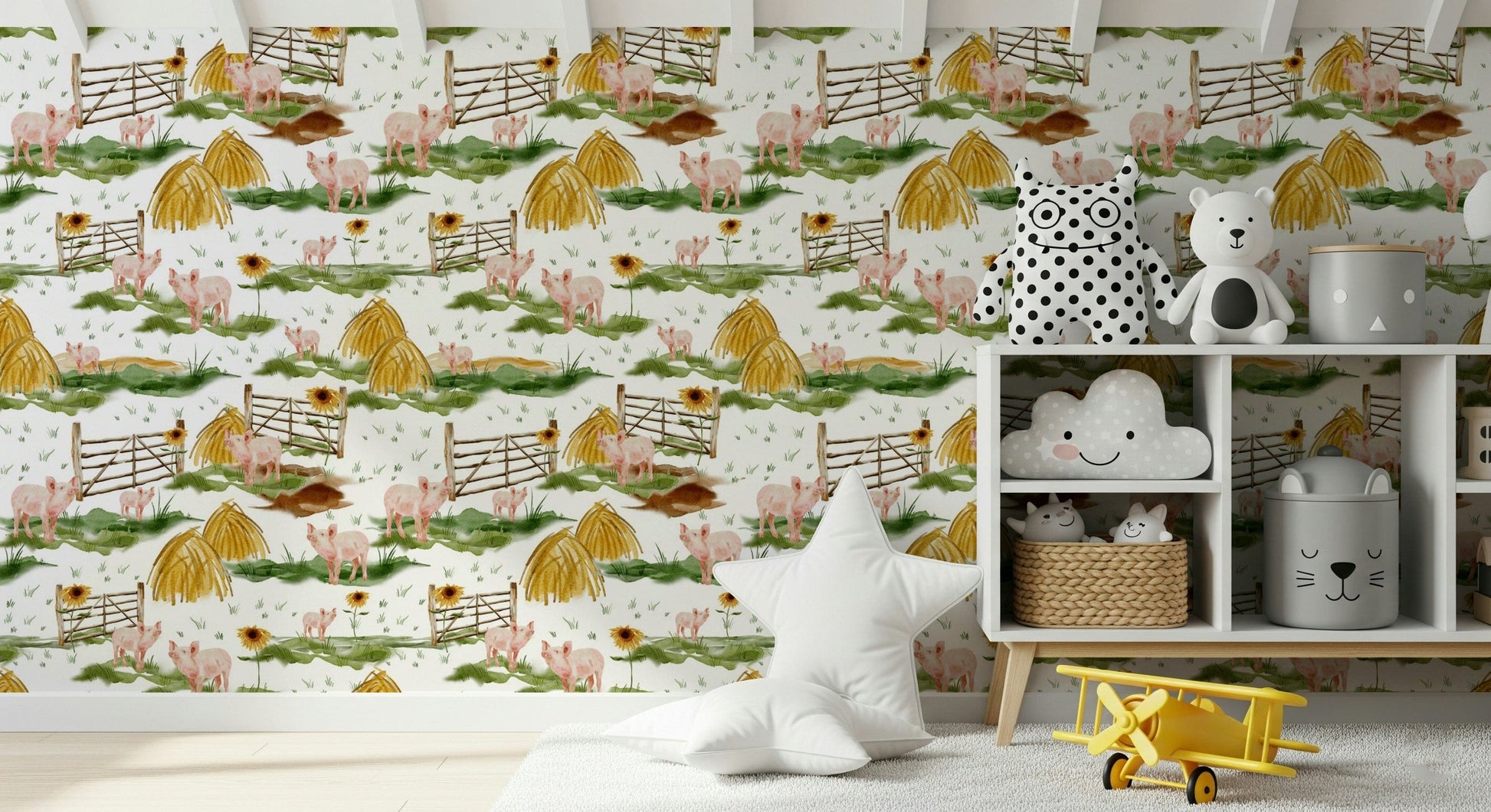 Hand-painted look Piggy Farm Watercolor mural happy barnyard scene.