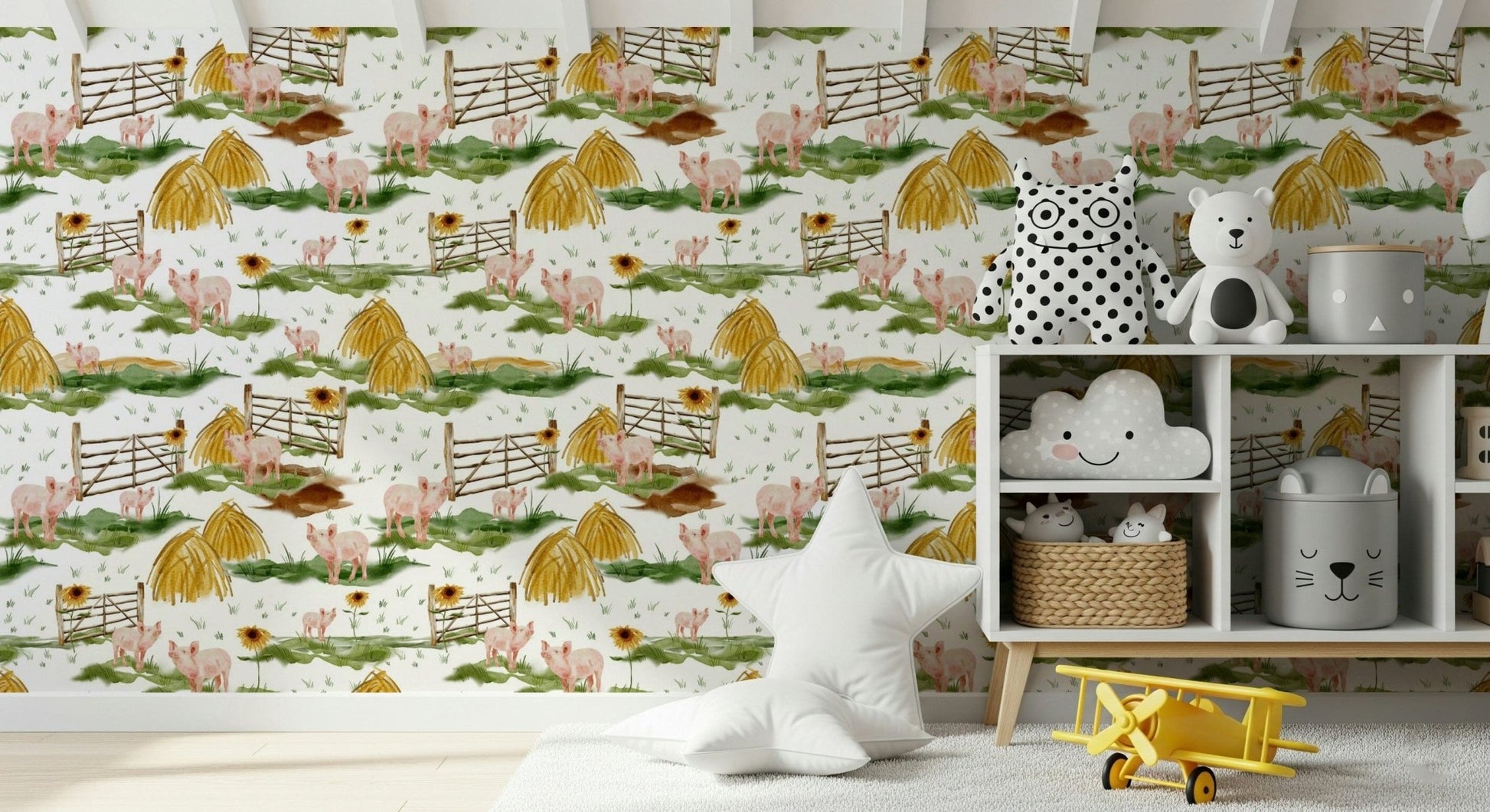 Hand-painted look Piggy Farm Watercolor mural happy barnyard scene.