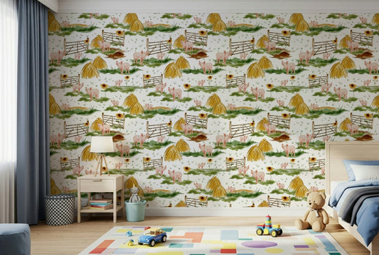 Country style Piggy Farm Watercolor wall paper with cute animals.
