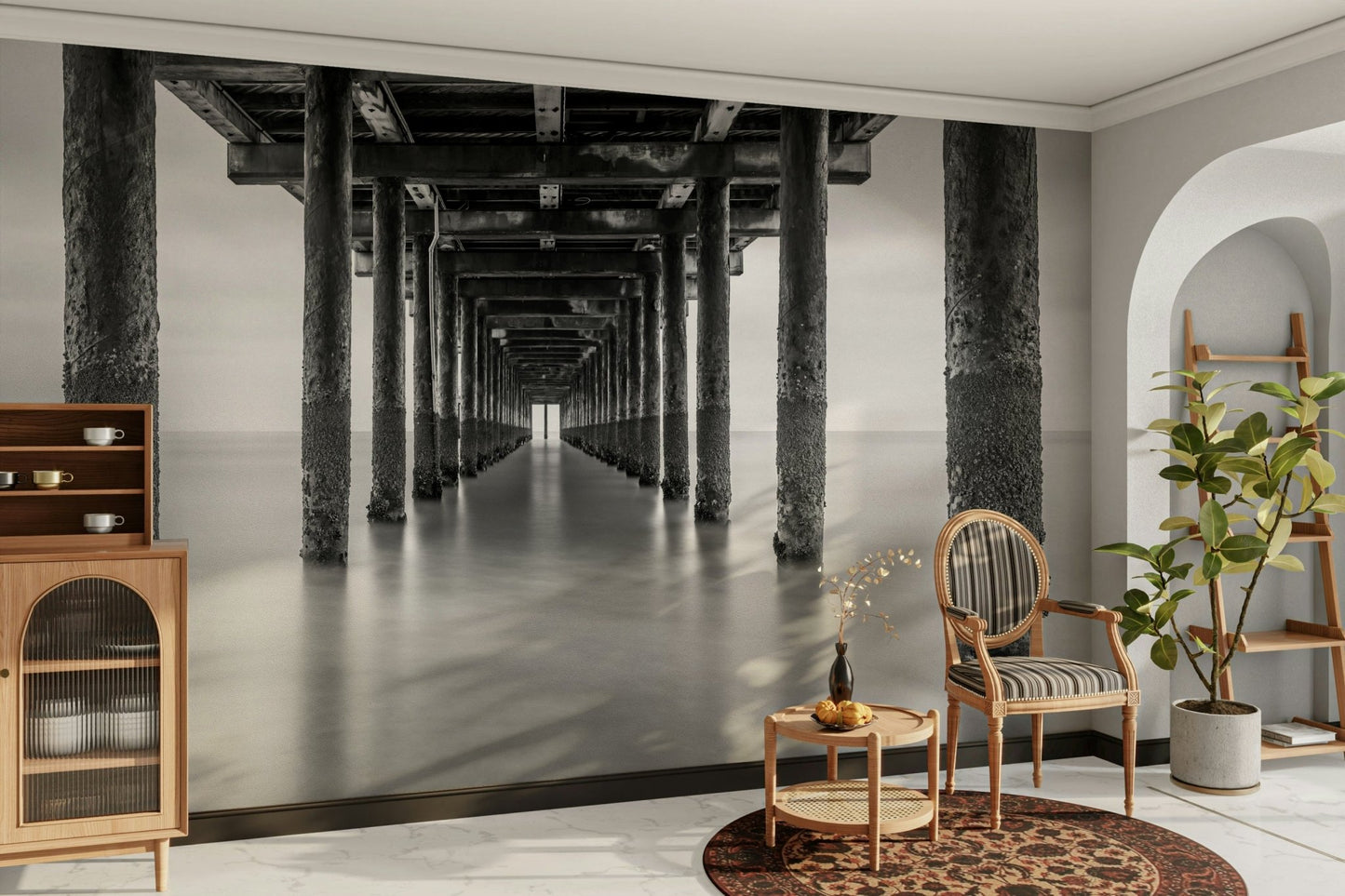 Captures the essence of the architectural beauty and serene atmosphere under a pier.
