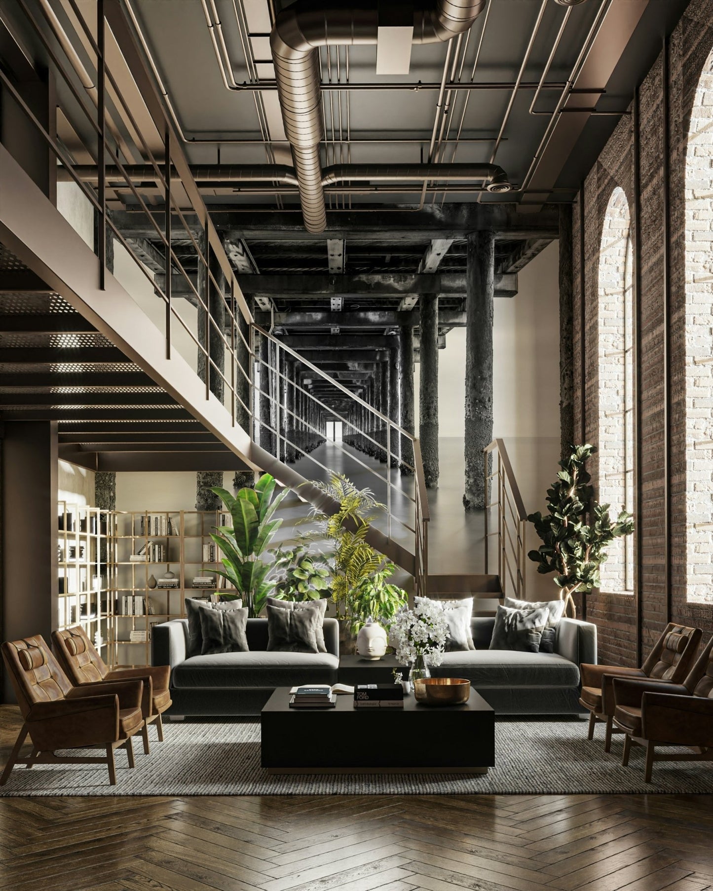 The design evokes a sense of depth, architectural repetition, and serene contemplation.
