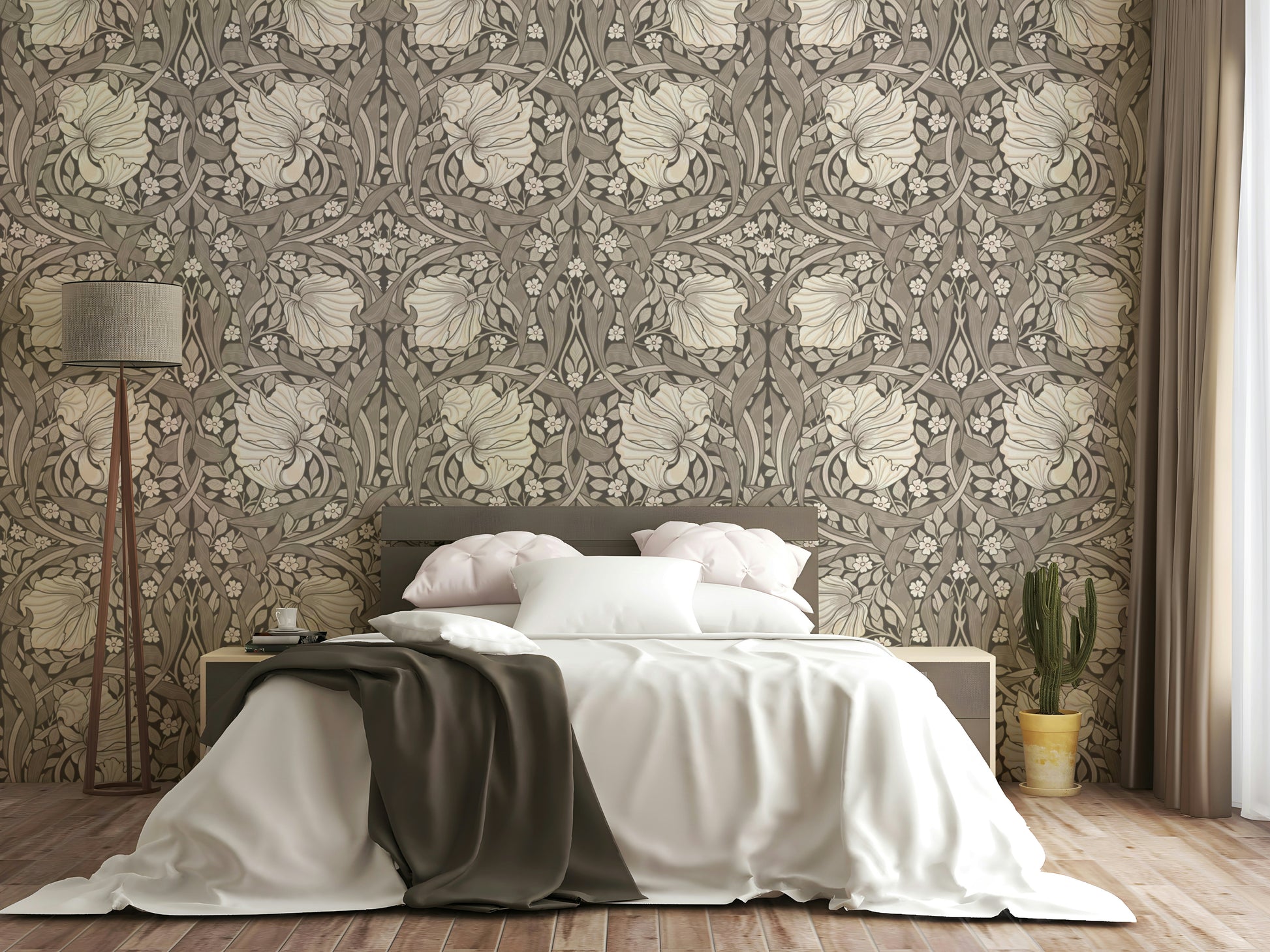 Classic William Morris wallpaper in soft earthy tones

