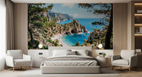 Seaside cliff wall mural for a bedroom with blue water and pine-framed coast