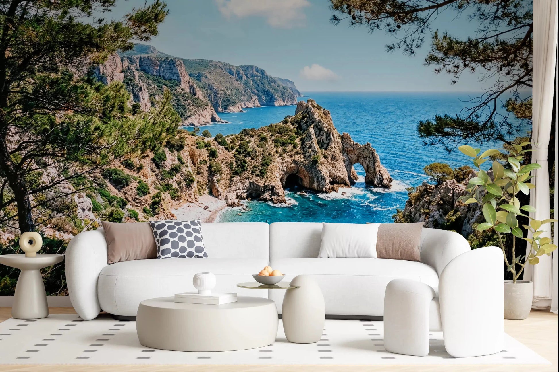 Pine-Framed Azure Coast wall mural with turquoise water and sunlit cliffside