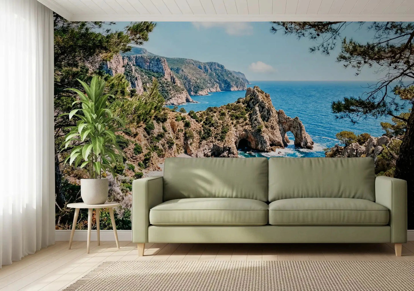 Azure coast wall mural along a hallway with rocky arch, beach, and sea view