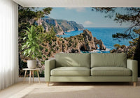 Azure coast wall mural along a hallway with rocky arch, beach, and sea view