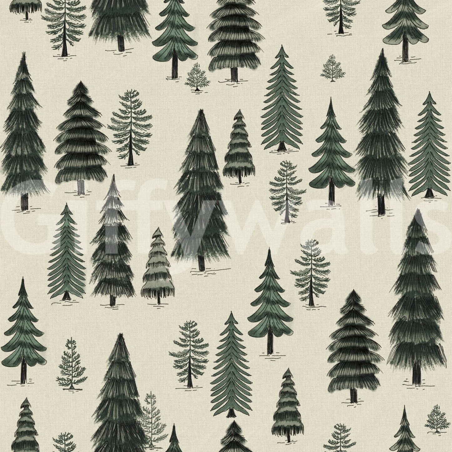Pine Tree Dreamscape wallpaper close-up showing hand-drawn dark green pine trees on a cream linen background
