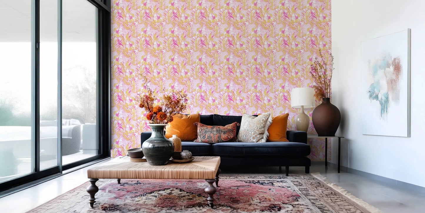 Graphic Pineapple Paradise hallway wallpaper in yellow and pink.