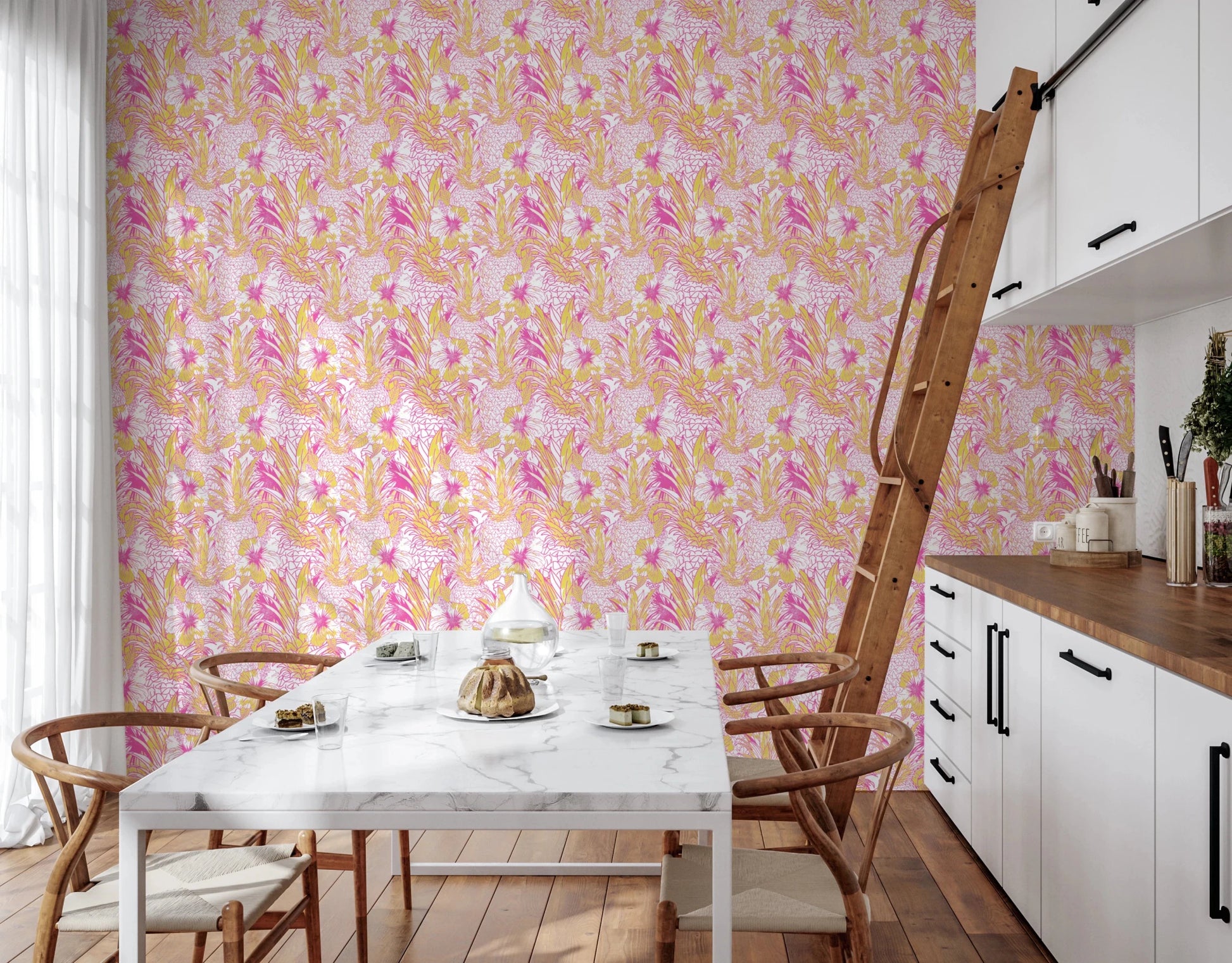 Vibrant pink and yellow botanical print wallpaper.