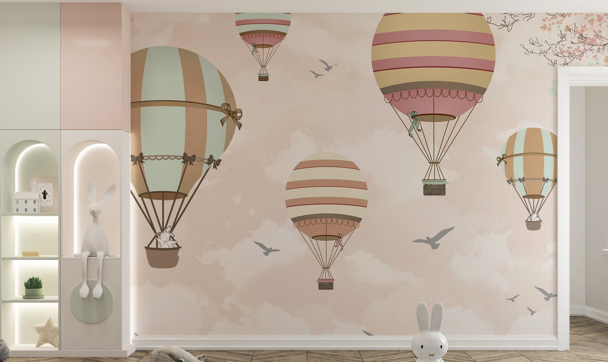 Sky-themed mural with colorful balloons
