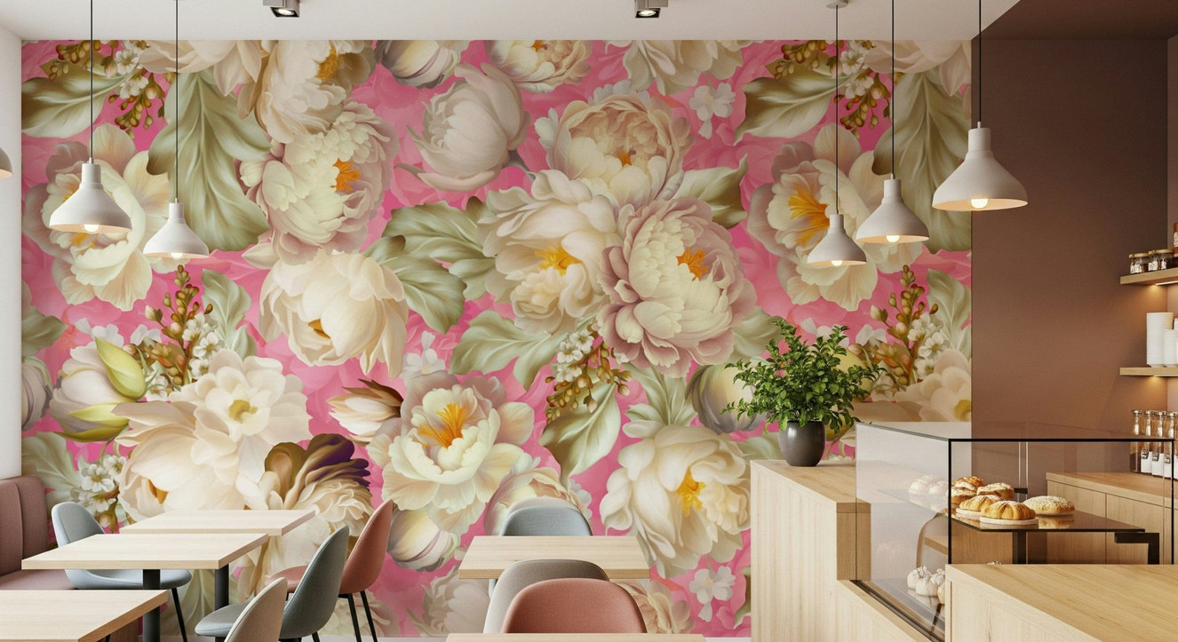 Pastel Pink Flower Burst Wallpaper – Soft, elegant mural depicting blooming flowers in gentle pink shades.