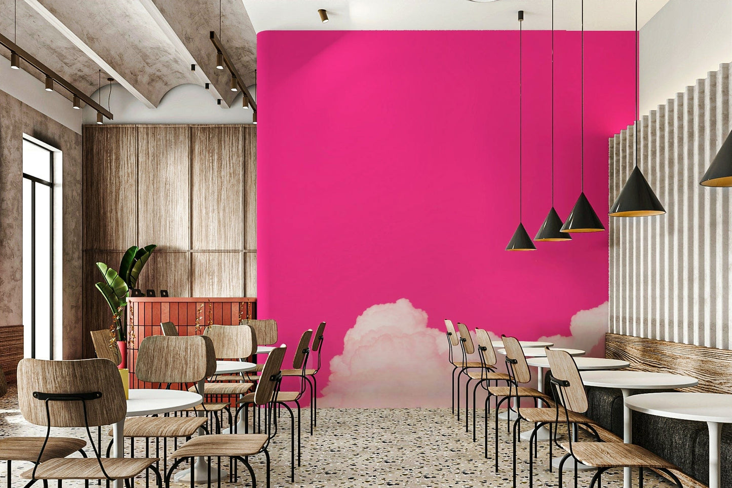 A peaceful pastel sky mural on decorative wallpaper.

