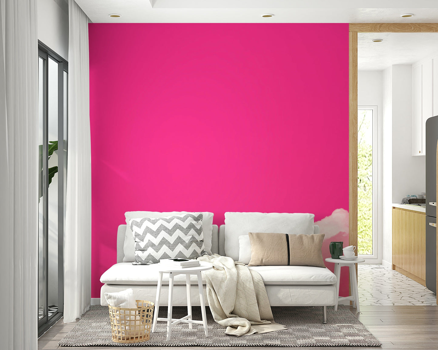 An artistic pink and purple mural on playful wallpaper.

