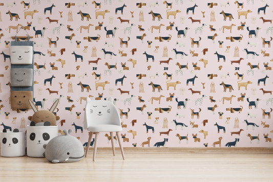 Pink dog-themed wallpaper with cute pups

