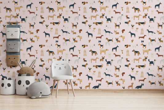 Pink dog-themed wallpaper with cute pups

