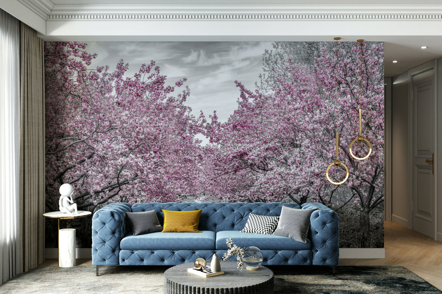Spring floral wallpaper with tree-lined pink walkway

