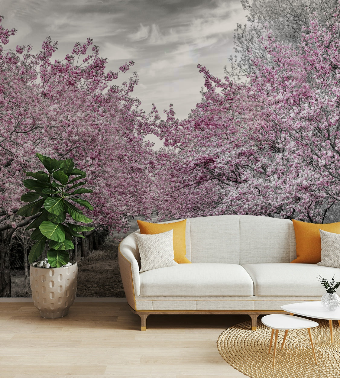 Wallpaper of floral alley with falling sakura petals

