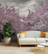 Wallpaper of floral alley with falling sakura petals

