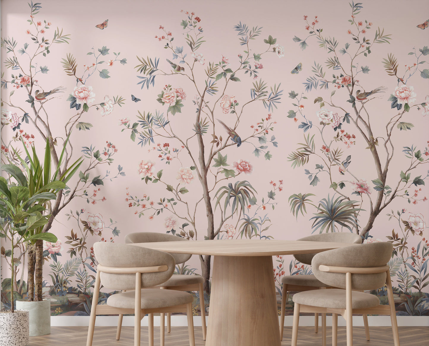 Floral Design Pink Chinoiserie Wallpaper

