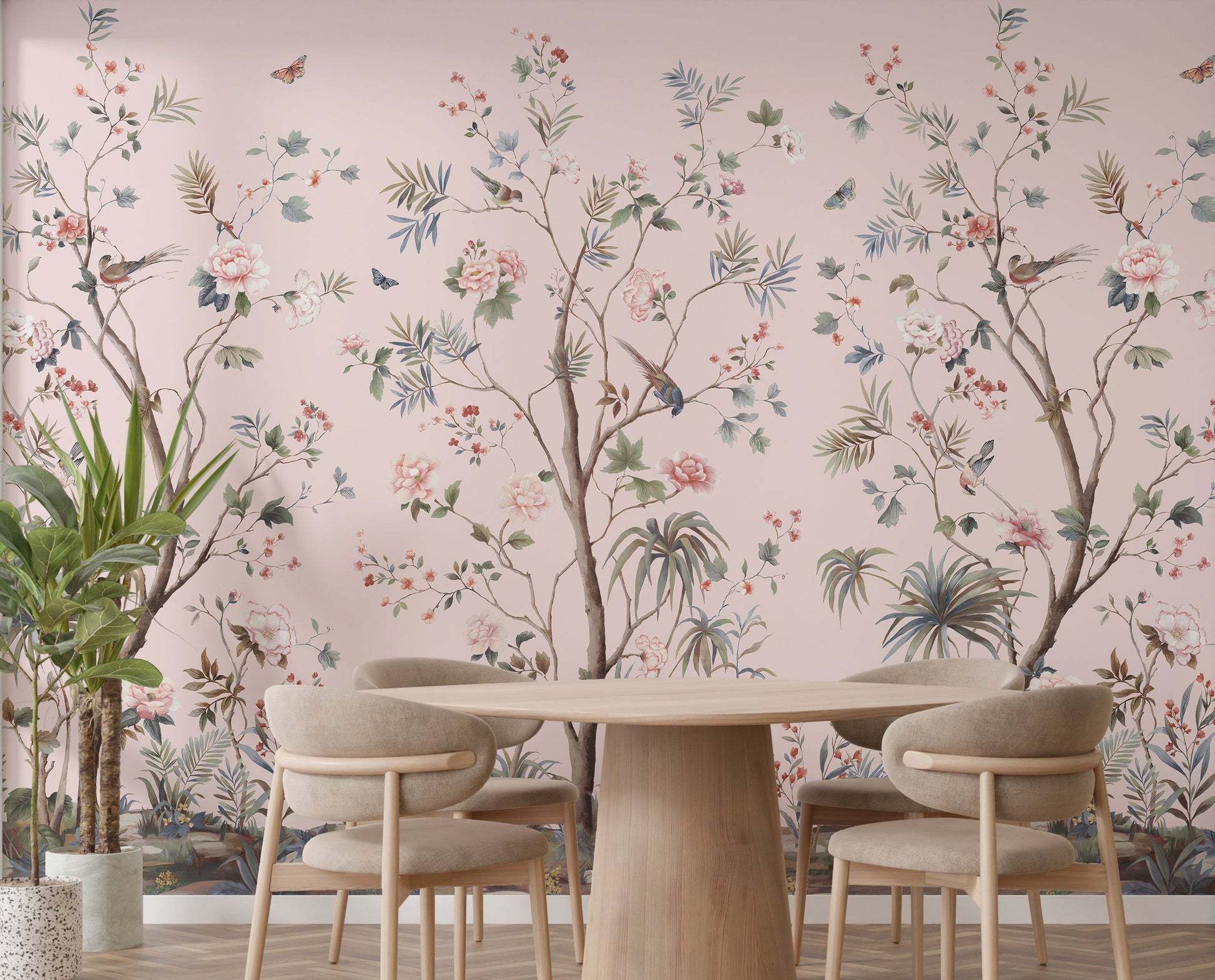 Floral Design Pink Chinoiserie Wallpaper
