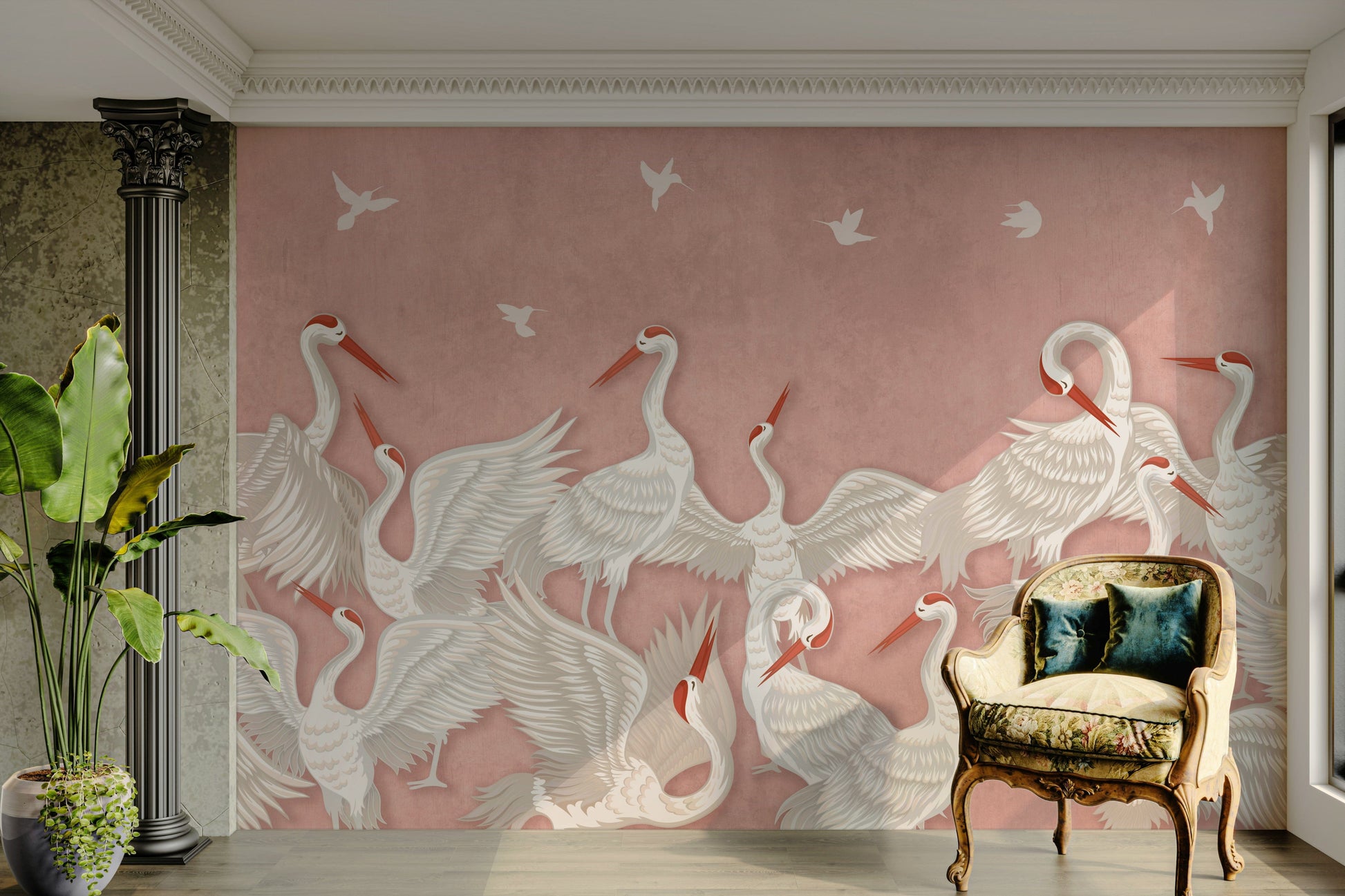 Mural wallpaper of a blush cranes take flight design

