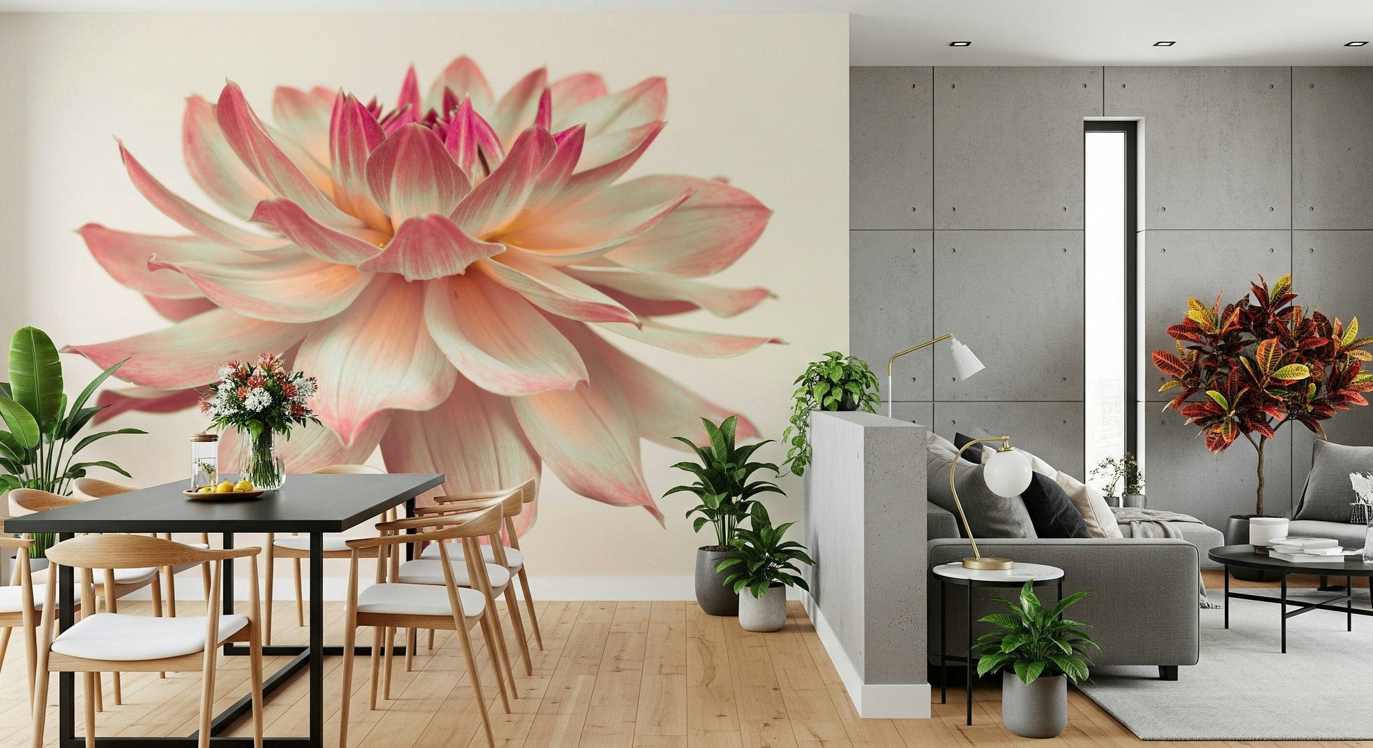 Feminine Pink Dahlia print, gorgeous floral wall covering.